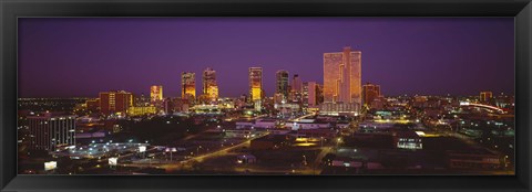 Framed High angle view of skyscrapers lit up at night, Dallas, Texas, USA Print