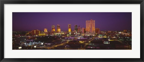 Framed High angle view of skyscrapers lit up at night, Dallas, Texas, USA Print