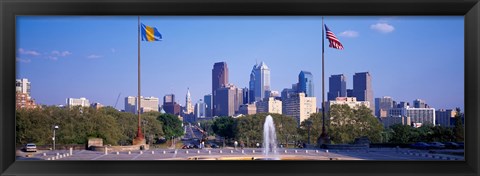 Framed Fountain at art museum with city skyline, Philadelphia, Pennsylvania, USA Print