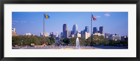 Framed Fountain at art museum with city skyline, Philadelphia, Pennsylvania, USA Print