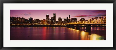 Framed Skyscrapers lit up at sunset, Willamette River, Portland, Oregon, USA Print