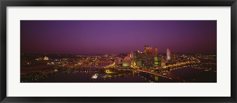 Framed High angle view of buildings lit up at night, Three Rivers Stadium, Pittsburgh, Pennsylvania, USA Print