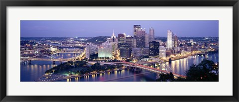 Framed Buildings in a city lit up at dusk, Pittsburgh, Allegheny County, Pennsylvania, USA Print