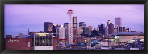 Framed Building lit up at dusk, Denver, Colorado, USA Print