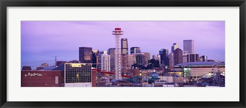 Framed Building lit up at dusk, Denver, Colorado, USA Print