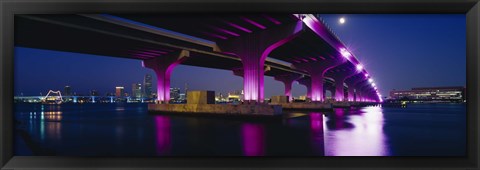 Framed Bridge lit up across a bay, Macarthur Causeway, Biscayne Bay, Miami, Florida, USA Print