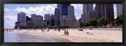 Framed Group of people on the beach, Oak Street Beach, Chicago, Illinois, USA Print