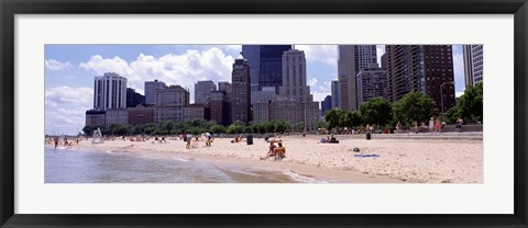 Framed Group of people on the beach, Oak Street Beach, Chicago, Illinois, USA Print