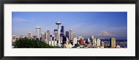 Framed Skyscrapers with mountain in the background, Mt Rainier, Mt Rainier National Park, Space Needle, Seattle, Washington State, USA Print