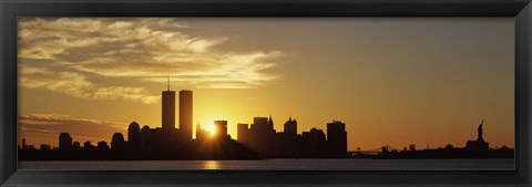 Framed Manhattan skyline and a statue at sunrise, Statue Of Liberty, New York City, New York State, USA Print