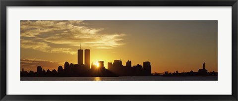 Framed Manhattan skyline and a statue at sunrise, Statue Of Liberty, New York City, New York State, USA Print