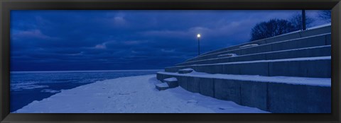 Framed Snow on steps at the lakeside, Lake Michigan, Chicago, Cook County, Illinois, USA Print