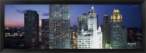 Framed Skyscraper lit up at night in a city, Chicago, Illinois, USA Print