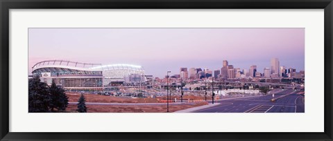 Framed USA, Colorado, Denver, Invesco Stadium, Skyline at dusk Print