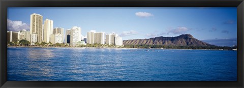 Framed Buildings at the waterfront with a volcanic mountain in the background, Honolulu, Oahu, Hawaii, USA Print