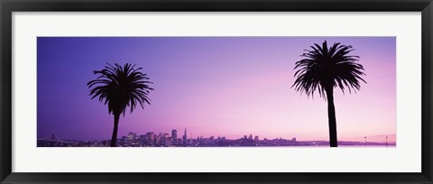 Framed San Francisco skyline between 2 palm trees, California Print