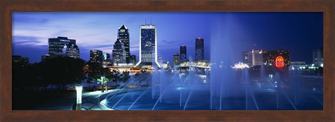 Framed Fountain, Cityscape, Night, Jacksonville, Florida, USA Print