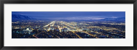 Framed Aerial view of a city lit up at dusk, Salt Lake City, Utah, USA Print