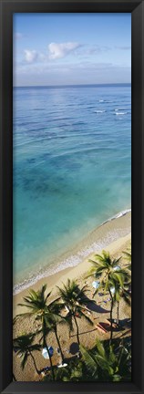 Framed High angle view of palm trees with beach umbrellas on the beach, Waikiki Beach, Honolulu, Oahu, Hawaii, USA Print