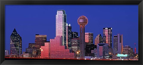 Framed USA, Texas, Dallas, Panoramic view of an urban skyline at night Print