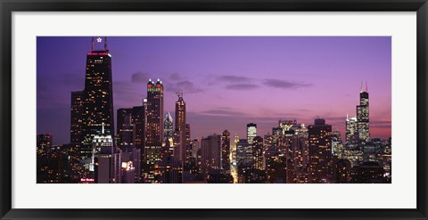 Framed Chicago Buildings lit up at dusk Print