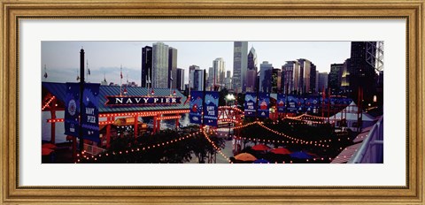 Framed Amusement Park Lit Up At Dusk, Navy Pier, Chicago, Illinois, USA Print