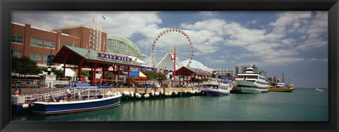 Framed Boats moored at a harbor, Navy Pier, Chicago, Illinois, USA Print