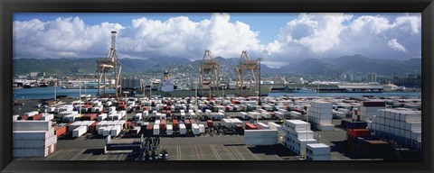 Framed Containers And Cranes At A Harbor, Honolulu Harbor, Hawaii, USA Print