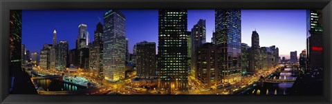 Framed River and Buildings Lit Up At Dusk, Chicago, Illinois Print