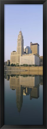 Framed Reflection of buildings in a river, Scioto River, Columbus, Ohio, USA Print