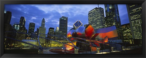 Framed Low angle view of buildings lit up at night, Millennium Park, Chicago, Illinois, USA Print