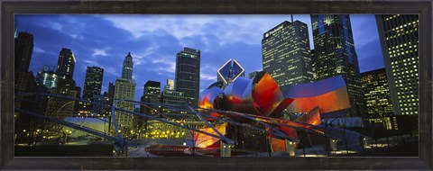 Framed Low angle view of buildings lit up at night, Millennium Park, Chicago, Illinois, USA Print