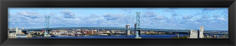 Framed Suspension bridge across a river, Ben Franklin Bridge, Delaware River, Philadelphia, Pennsylvania, USA Print