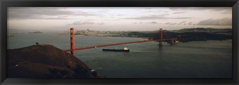 Framed Barge passing under a bridge, Golden Gate Bridge, San Francisco, California, USA Print