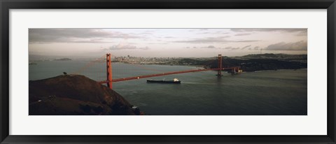 Framed Barge passing under a bridge, Golden Gate Bridge, San Francisco, California, USA Print