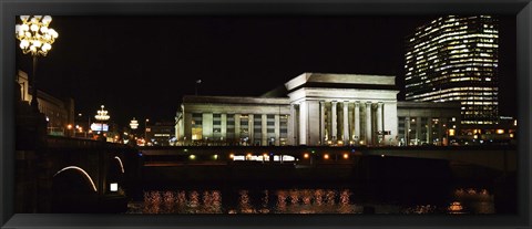 Framed Buildings lit up at night at a railroad station, 30th Street Station, Schuylkill River, Philadelphia, Pennsylvania, USA Print