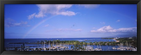 Framed Rainbow Over Boats in Honolulu, Hawaii Print