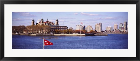 Framed Museum and skyscrapers viewed through a ferry, New Jersey, Ellis Island, New York City, New York State, USA Print