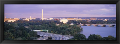 Framed High angle view of monuments, Potomac River, Lincoln Memorial, Washington Monument, Capitol Building, Washington DC, USA Print