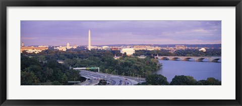 Framed High angle view of monuments, Potomac River, Lincoln Memorial, Washington Monument, Capitol Building, Washington DC, USA Print