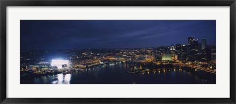 Framed High angle view of buildings lit up at night, Heinz Field, Pittsburgh, Allegheny county, Pennsylvania, USA Print