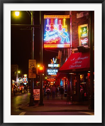 Framed Neon sign lit up at night in a city, Rum Boogie Cafe, Beale Street, Memphis, Shelby County, Tennessee, USA Print