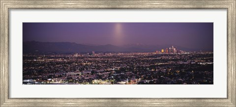 Framed Buildings in a city lit up at dusk, Hollywood, San Gabriel Mountains, City Of Los Angeles, Los Angeles County, California, USA Print