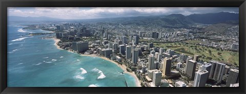 Framed Aerial view of buildings at the waterfront, Waikiki Beach, Honolulu, Oahu, Hawaii, USA Print