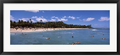 Framed Tourists on the beach, Waikiki Beach, Honolulu, Oahu, Hawaii, USA Print