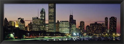 Framed Buildings lit up at dusk, Lake Michigan, Chicago, Cook County, Illinois, USA Print