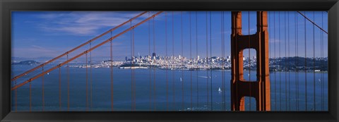 Framed Suspension bridge with a city in the background, Golden Gate Bridge, San Francisco, California, USA Print