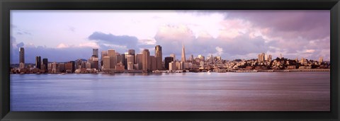 Framed San Francisco city skyline at sunrise viewed from Treasure Island side, San Francisco Bay, California, USA Print