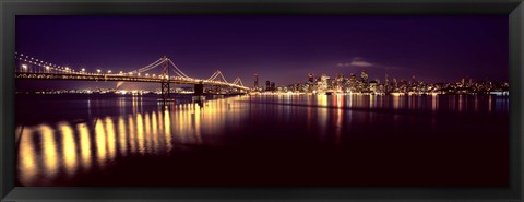 Framed Bridge lit up at night, Bay Bridge, San Francisco Bay, San Francisco, California Print