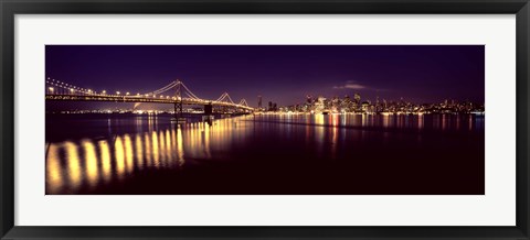 Framed Bridge lit up at night, Bay Bridge, San Francisco Bay, San Francisco, California Print